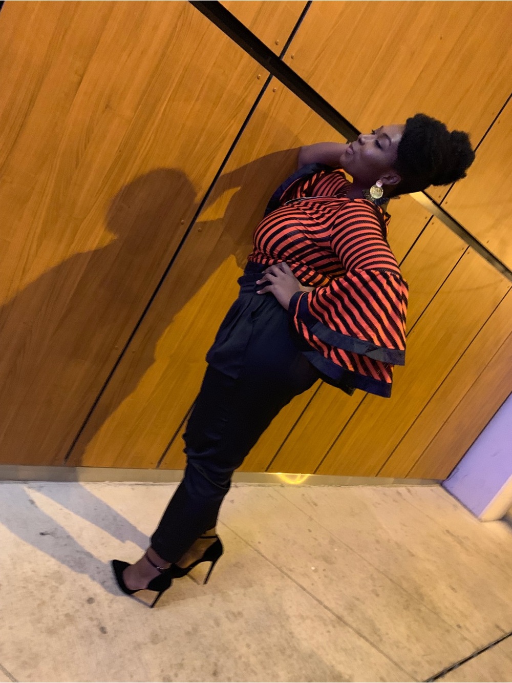 Gracia Striped Bell-Sleeve Blouse - Black & Red Orange